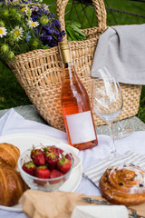 Beautiful summer picnic with strawberries, cheese and rose wine on the lawn in the city park