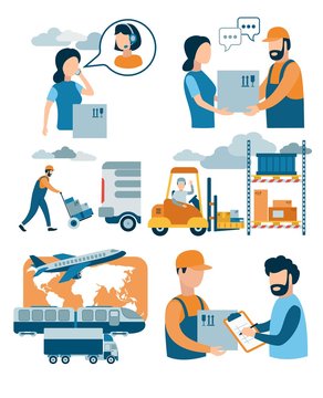 Сoncept for delivery service, e-commerce, online shopping, receiving package from courier to customer. Parcel delivery process. Vector flat illustration.