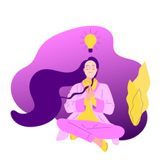 Flat style girl with long hair sitting crossed legged with prayer gesture