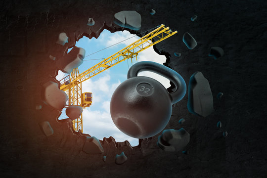 3d rendering of hoisting crane carrying black kettlebell and breaking black wall leaving hole in it with blue sky seen through.