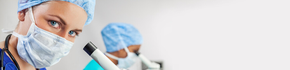 Panorama web banner female Scientist in Medical Research Lab or Laboratory