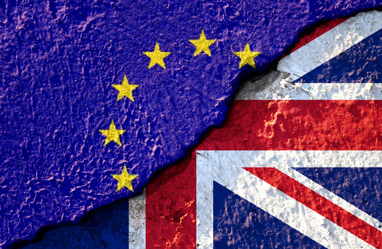 Broken crack of EU flag and British flag. It is symbol of British need to exit or call BREXIT from European Union members zone.