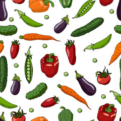 Seamless pattern with tomatoes, cucumbers, bell peppers, carrots, eggplants and peas on white background. Endless texture with fresh vegetables for your design