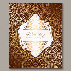 Wedding invitation card with bronze and gold shiny eastern and baroque rich foliage. Ornate islamic background for your design. Islam, Arabic, Indian, Dubai.