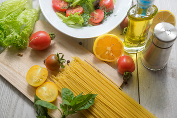 composition of healthy food ingredients isolated on white background, top view