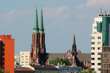 Twin towers of Cathedral of St. Michael the Archangel and St. Florian the Martyr in Warsaw, Poland