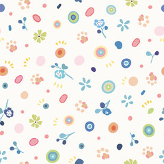 White vector repeat pattern with pastel ornamental florals and little paw print. Japan inspired pattern. Comic style. Perfect for paper and textile projects or events. Surface pattern design.