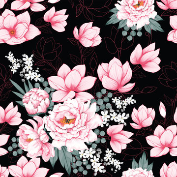 Seamless pattern pink Paeonia vintage,magnolia flowers background.Vector illustration hand drawing watercolor style.