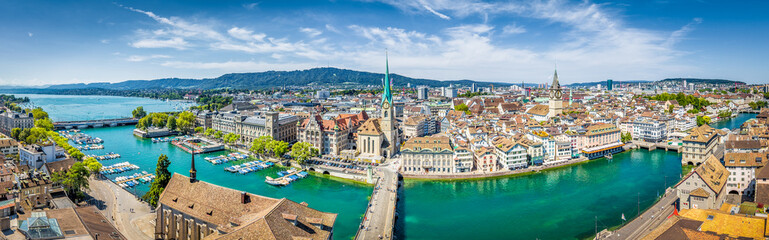 Zurich skyline panorama with river Limmat, Switzerland - obrazy, fototapety, plakaty