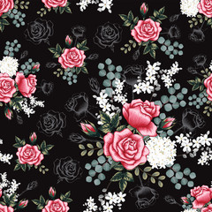 Seamless pattern pink Rose white wild flowers on black background.Vector illustration drawing