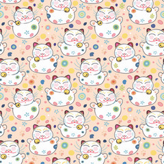 Pink vector repeat pattern with happy maneki neko cat and pastel ornamental florals. Japan inspired pattern. Comic style. Perfect for paper and textile projects or events. Surface pattern design.
