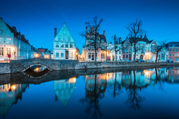 Fototapeta na wymiar Historic Brugge city center with buildings at canal at twilight, Flanders, Belgium