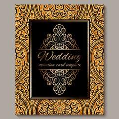 Wedding invitation card with black and gold shiny eastern and baroque rich foliage with sparkly glitter. Ornate islamic background for your design. Islam, Arabic, Indian, Dubai.