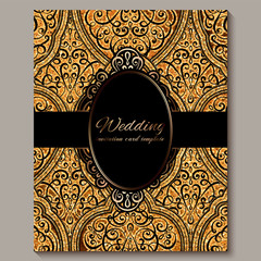 Wedding invitation card with black and gold shiny eastern and baroque rich foliage with sparkly glitter. Ornate islamic background for your design. Islam, Arabic, Indian, Dubai.