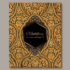 Wedding invitation card with black and gold shiny eastern and baroque rich foliage with sparkly glitter. Ornate islamic background for your design. Islam, Arabic, Indian, Dubai.