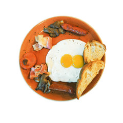 Top view of fried eggs with bacon, sausages, roasted bread and mushrooms on plate. English breakfast isolated on white background