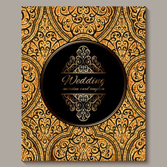 Wedding invitation card with black and gold shiny eastern and baroque rich foliage with sparkly glitter. Ornate islamic background for your design. Islam, Arabic, Indian, Dubai.