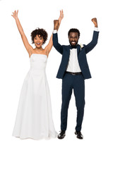 cheerful african american bridegroom and bride gesturing isolated on white