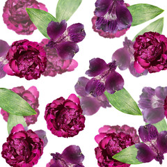 Beautiful floral background of purple alstroemeria and burgundy peonies. Isolated