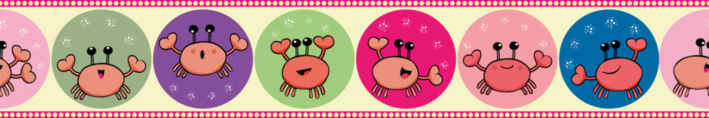 Cute crab juggling with bubbles in border design. Seamless geometric vector pattern on light yellow background with yellow dots edging. Great for parties, kids products, packaging, stationery, gifts