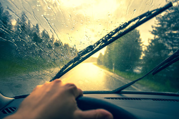 View from the car's cab at rain. Photo from Finland. - obrazy, fototapety, plakaty