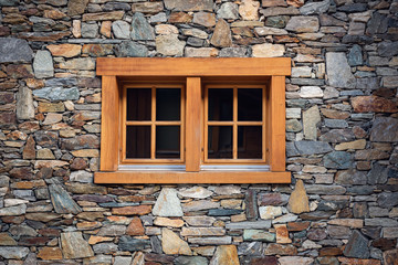 Home Decoration and Window Architecture Exterior Design Against Stone Wall Background, Traditional Antique Walling Pattern of Europe Architectural Detail With Wooden Windows Decorative Styles