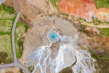 Aerial view of the Great Geyser, geysir in Iceland
