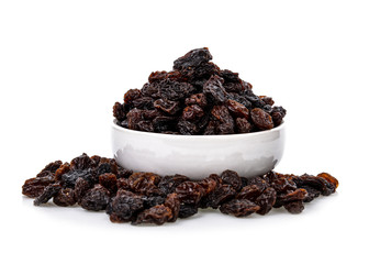 Dried raisins on a white background