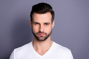 Close up photo amazing he him his  macho perfect ideal appearance neat bristle easy-going reliable person look calm not talk tell speak say smile wear casual white t-shirt isolated grey background