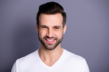 Close up photo amazing he him his macho perfect ideal appearance check mirror stylist quality visit work easy-going calm show white teeth bristle wear casual white t-shirt isolated grey background
