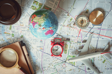 Navigation Explore of Journey Travel Plan, Traveling Destination Guide Planning Exploration The World., Navigator Holiday Trip With Accessories Compass, Airplane and Global Model on World Background.