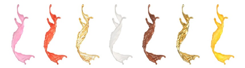 Set of different liquid splashes isolated on a white background. 3d illustration