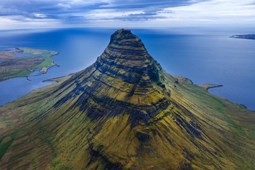 Aerial drone view of Kirkjufell mountain, Iceland