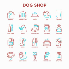 Dog shop thin line icons set: bags for transportation, feeders, toys, doors, dental hygiene, muzzle, snacks, hygienic bags, dry food, wet food, collar, haircare, supplements. Vector illustration.
