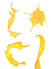 Set of different splashes of orange juice isolated on a white background. 3d illustration