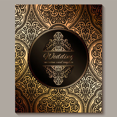 Wedding invitation card with black and gold shiny eastern and baroque rich foliage. Ornate islamic background for your design. Islam, Arabic, Indian, Dubai.