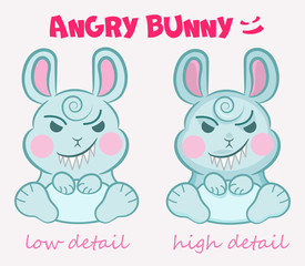 Obraz na płótnie Canvas Little vector cute evil bunny is sitting with a terrible smile in two detail mode. Concepts for children's party, event, Halloween, etc.