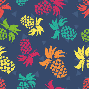 Fresh Colorful Pineapples Vector Repeat Seamless Pattern with dark Blue Background. Great for fabric, packaging, wallpaper, invitations.