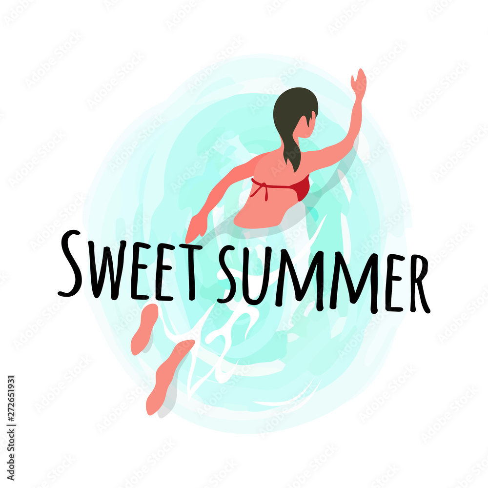 Wall mural sweet summer, woman swimming in blue water isolated label. vector athletic lady in swimsuit, summert