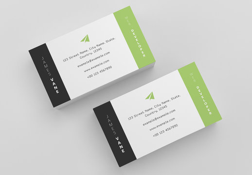 Business Card Layout with Vertical Text and Green Accent