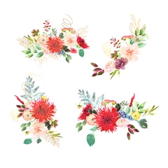 Fotobehang Tropische Bladeren Collection Bright Wedding bridal romanric bouquet. Hand drawing watercolor red and purple and green flowers ornament  © Ekaterina