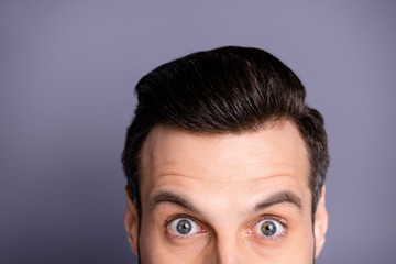 Cropped close up photo amazing he him his macho neat groomed head haircut mirror black ideal perfect color amazed big eyes wow omg effect surprise wear casual white t-shirt isolated grey background