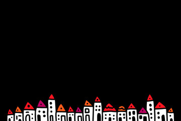 Hand drawn city villge town landscape. Cartoon minimalism style. Houses in a row. Illustration for prints posters cards