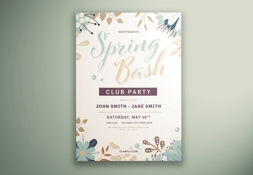 Spring Party Flyer Layout with Illustrated Floral Elements