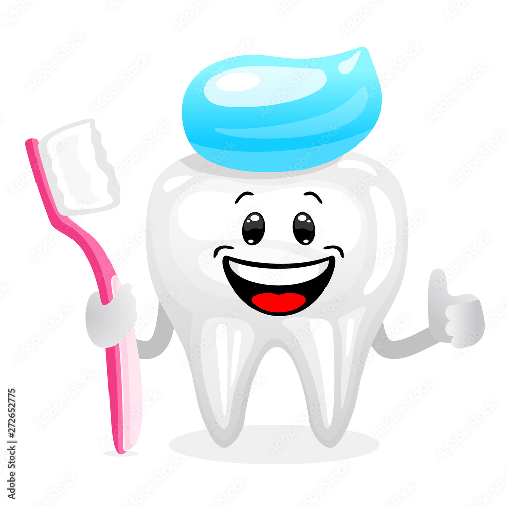 Wall mural concept of tooth healthy and toothbrushing. character tooth with toothbrush on hand and toothpaste o