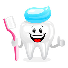 Concept of tooth healthy and toothbrushing. Character tooth with toothbrush on hand and toothpaste on head in cartoon style on white background.