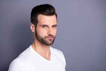 Fototapeta premium Close up side profile photo amazing he him his macho perfect ideal appearance neat bristle easy-going person calm not talk tell speak say smile wear casual white t-shirt isolated grey background