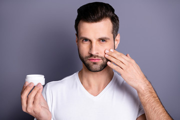 Close up photo amazing he him his macho perfect ideal appearance neat stubble advising recommending...