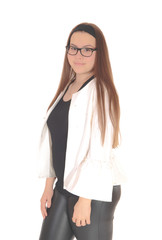 Lovely young teenage girl standing in profile with glasses