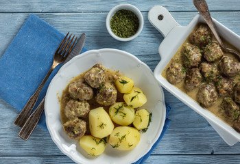Swedish meatballs  with creamy gravy and boiled potatoes.